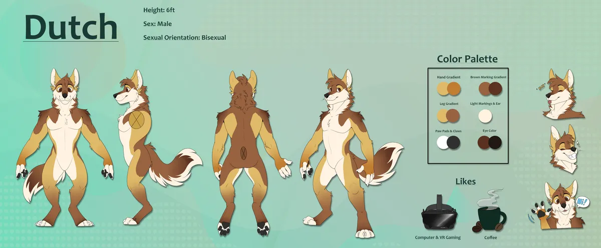 Dutch reference sheet — Wolf, 6ft, male. Shows front, back, and side views with color palette.